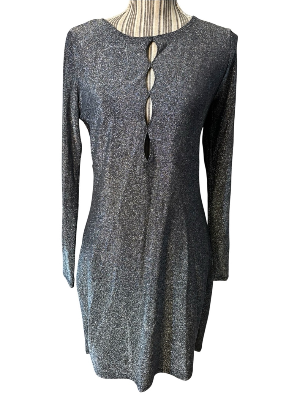 Hollister Dress Large Shimmery Silver Long-Sleeve Keyholes Metallic Bodycon Sexy